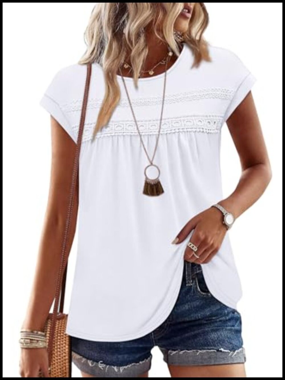 Women's Lace Crochet Cap Sleeve Crew Neck T-Shirt - Summer Casual Loose Blouse